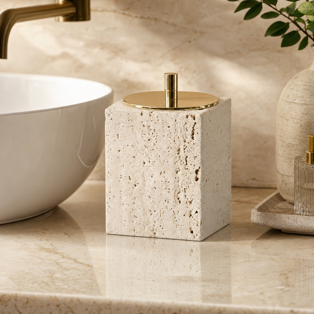 Beige Travertine Cotton Swabs Can